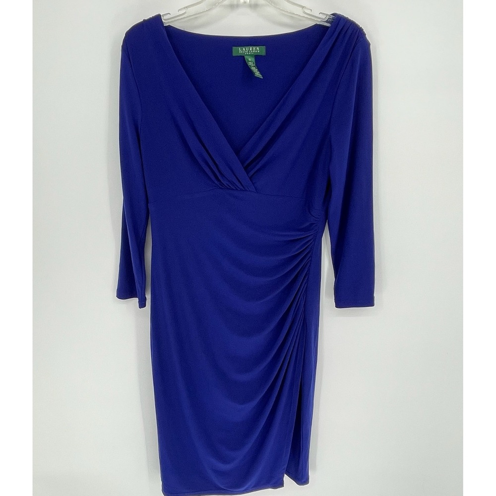 Lauren Ralph Lauren Women's Blue Faux‎ Wrap Ruched Sheath Dress Size 10